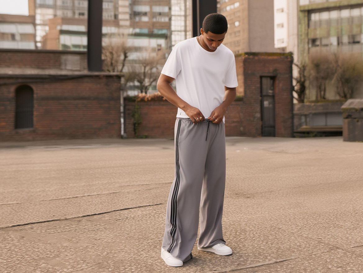 Men’s Wide-Leg Triple-Stripe Track Pants – Premium Streetwear Fit