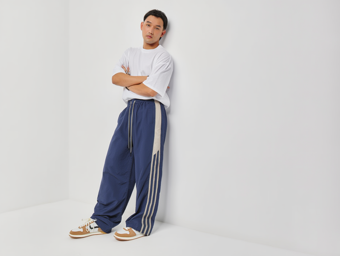Men’s Streetwear Wide-Leg Track Pants – Triple Stripe Design