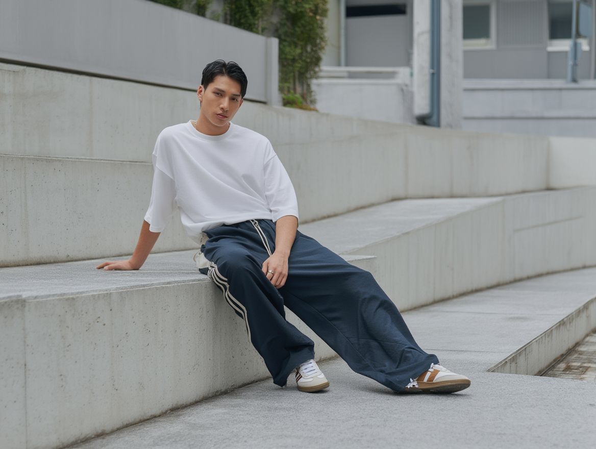 Men’s Streetwear Wide-Leg Track Pants – Triple Stripe Design