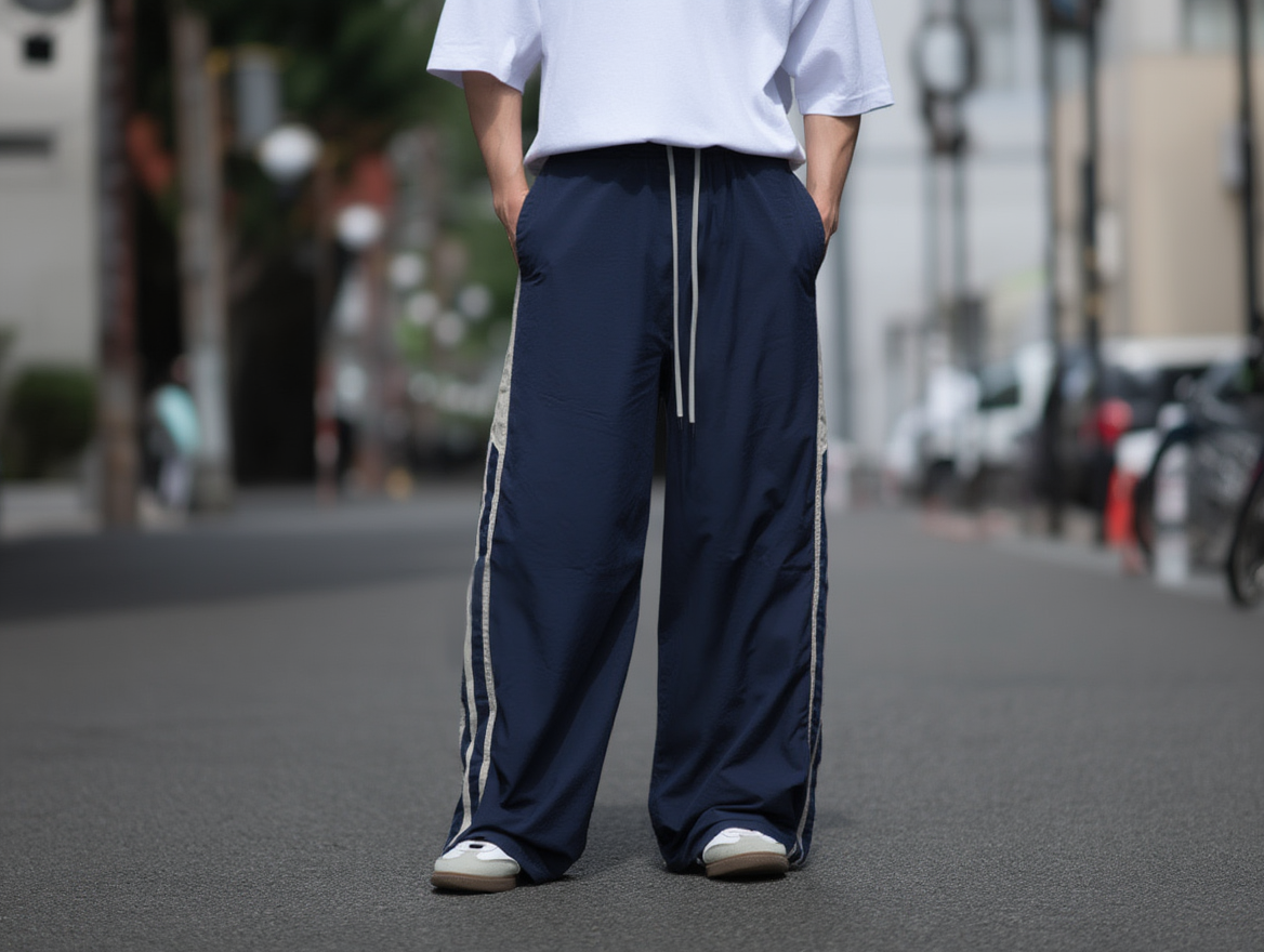 Men’s Streetwear Wide-Leg Track Pants – Triple Stripe Design
