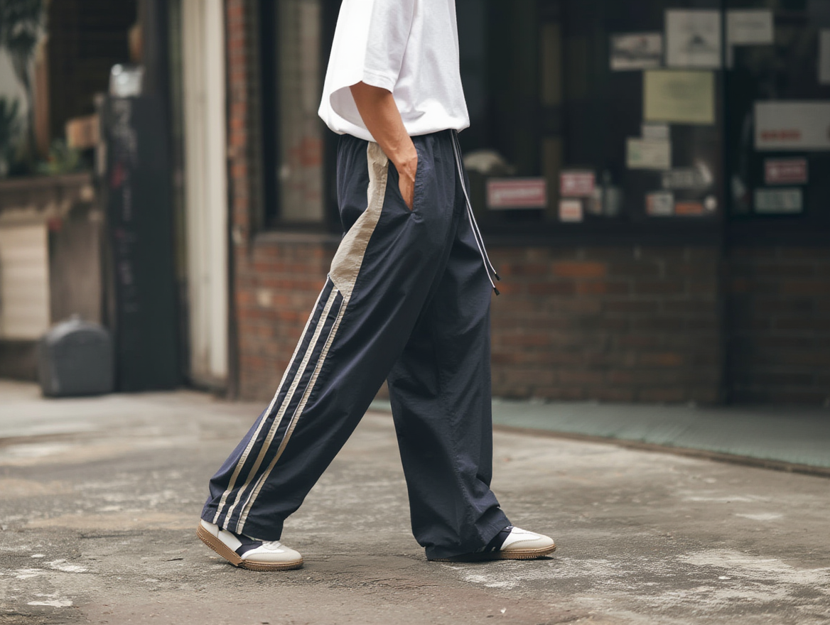 Men’s Streetwear Wide-Leg Track Pants – Triple Stripe Design