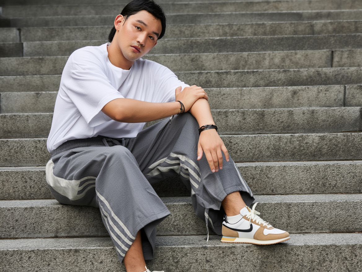 Men’s Streetwear Wide-Leg Track Pants – Triple Stripe Design